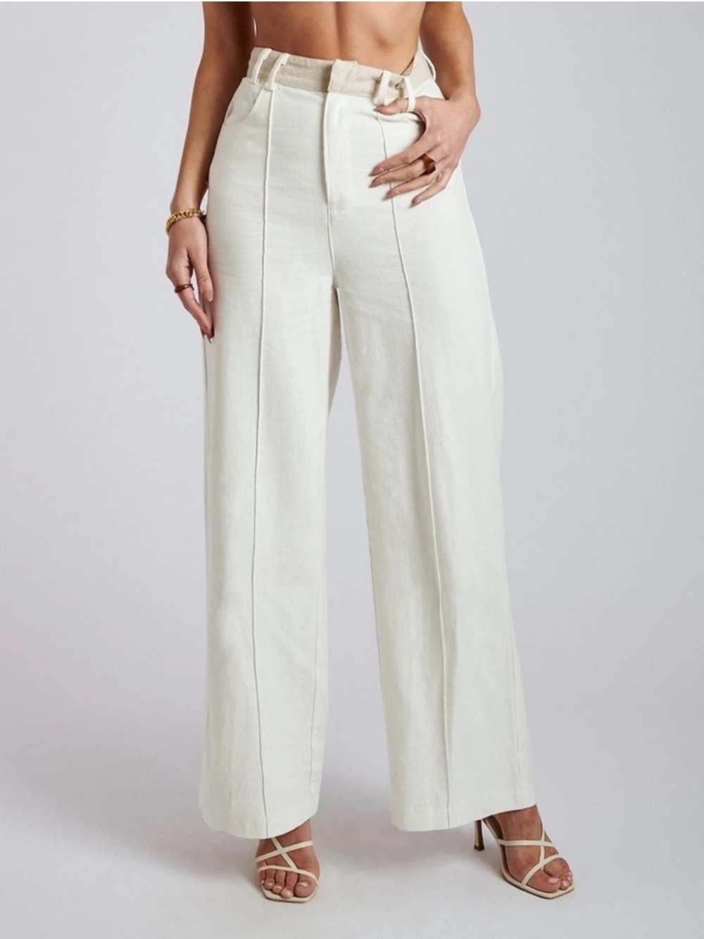 MESHKI / Mona Linen Blend Contrast High Waist Trouser Pants White Cream  / XL